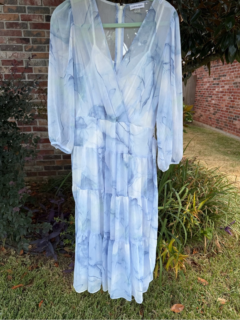 Calvin Klein Blue Watercolor Chiffon Tiered Midi Dress Size 10